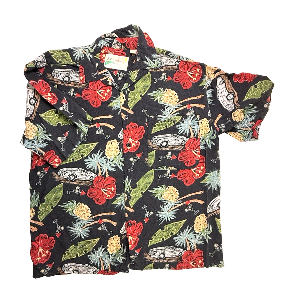 Vtg Montage Hawaiian Shirt medium floral cars martinis Casual Weekend EUC